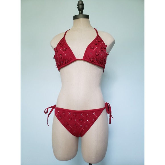 VTG Y2K Victoria's Secret Women's L Triangle Bikini Set Red Studded Cutouts - Picture 3 of 8